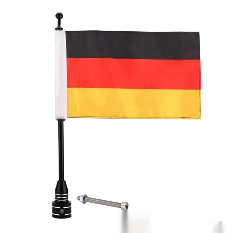 Black and silver steel motorcycle luggage rack flagpole for side box mounting.
