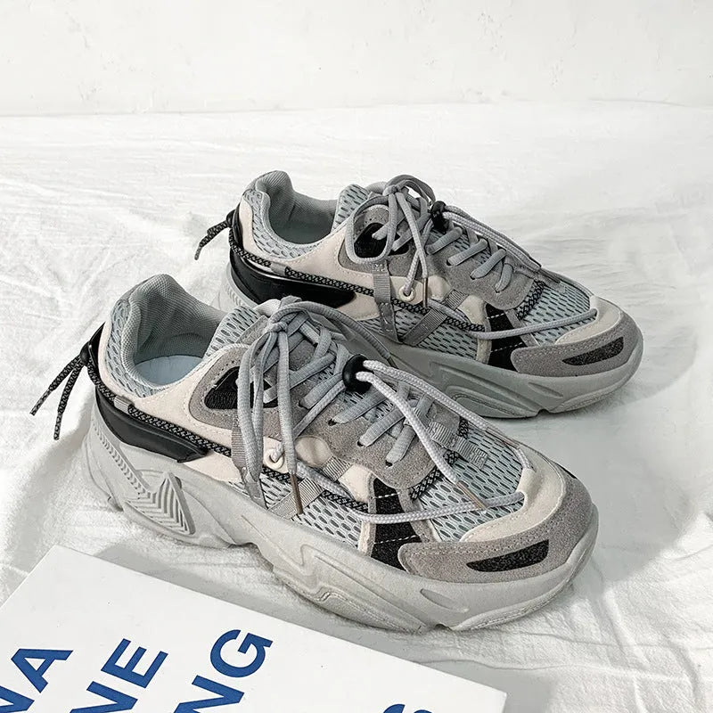 Men's white Korean-style platform dad shoes with chunky sole and lace-up front.