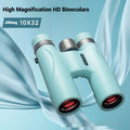 Blue or grey coloured compact 10x32 binoculars with wine red film coating on the lenses.