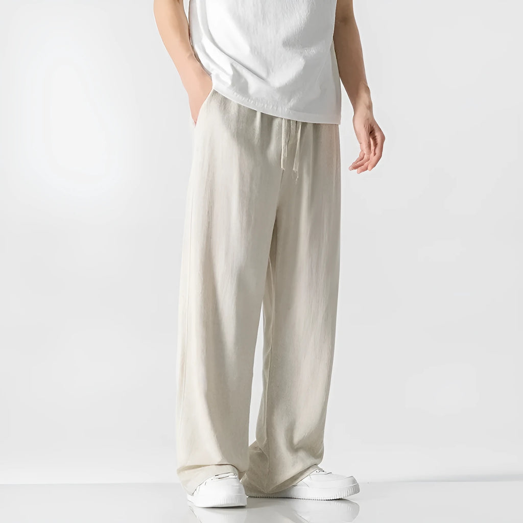 Men's bamboo fibre linen trousers in loose straight-leg cropped cut with drawstring waist