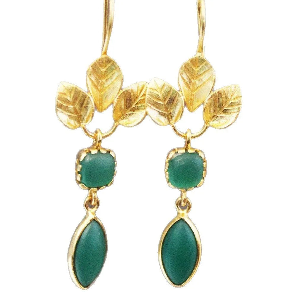 Gold retro drop earrings with water drop zircon stones and French leaf tassel design