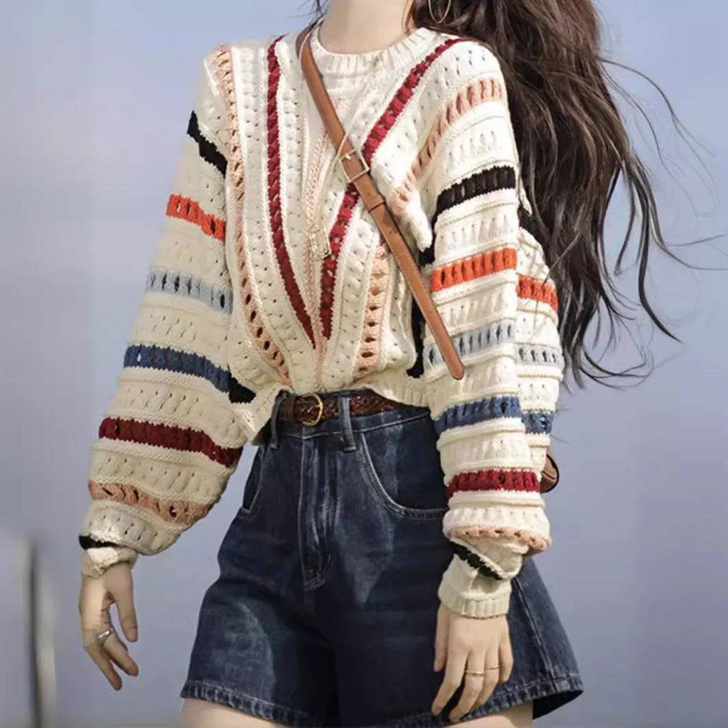 Rainbow striped batwing sleeve pullover sweater with hollow knit design