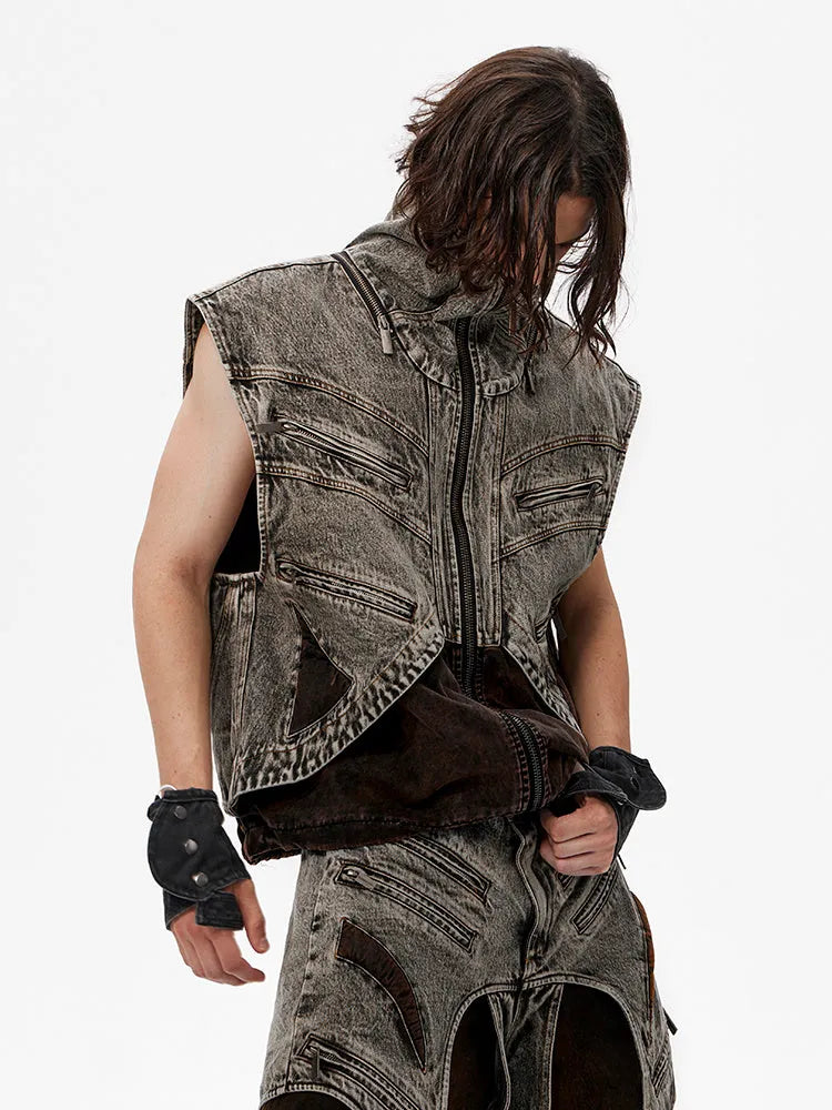 Men's splicing denim sleeveless vest with front zip closure casual summer top