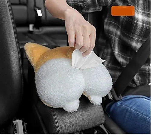 Yellow soft Corgi butt-shaped tissue box cover with elastic strap for car visor or home use.