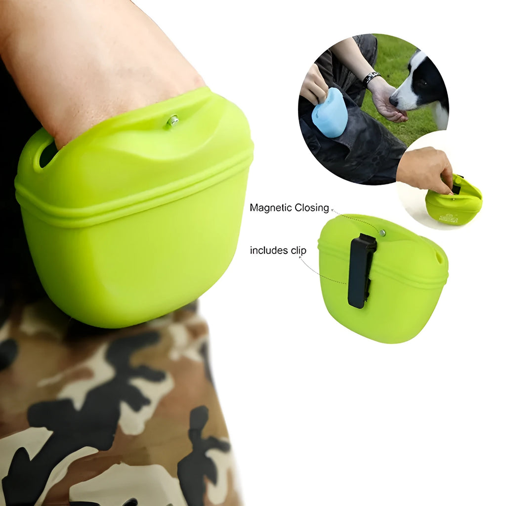 Silicone clip-on dog treat waist bag in colour choice, showing magnetic closure and belt clip.