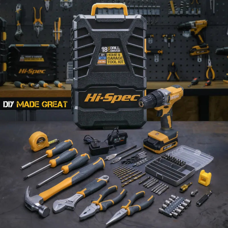 Grey yellow case containing 82-piece chrome-vanadium steel furniture tool set for installation and assembly