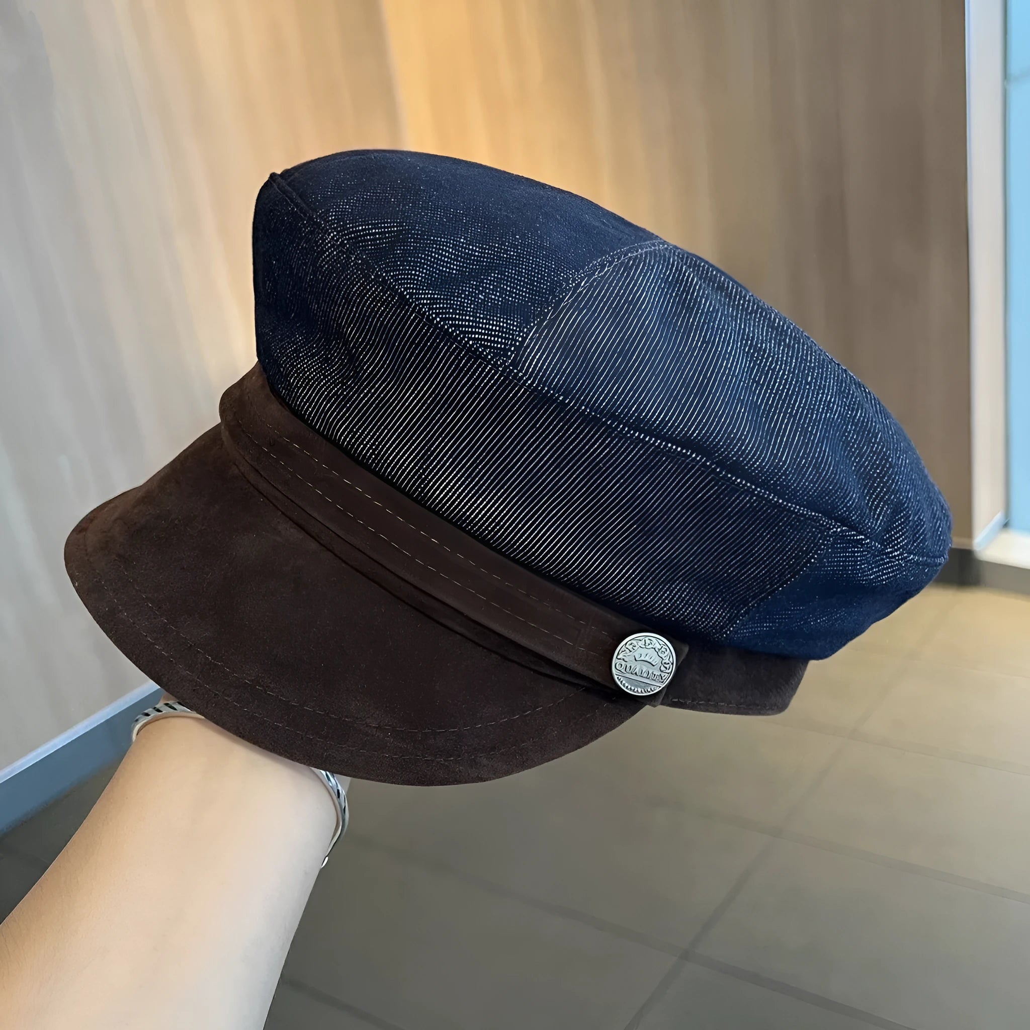 British retro octagonal denim newsboy hat with adjustable size and multiple brim colour options