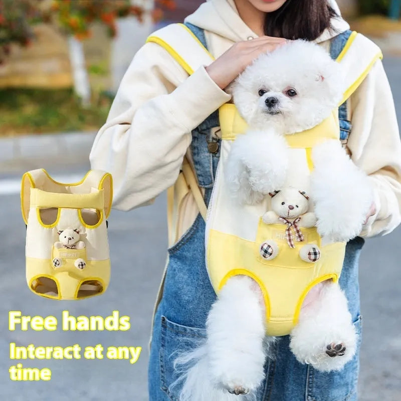 Cartoon animal pattern soft canvas pet carrier chest bag with colourful stitching and removable crossbody strap