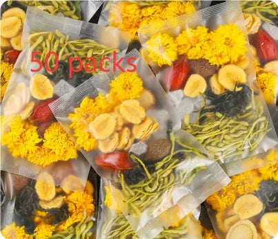 Honeysuckle chrysanthemum herbal tea box showing 150g net content with gift tea cups