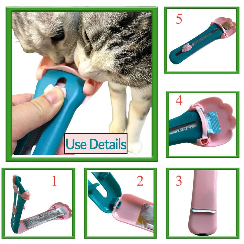 Multipurpose pet food dispenser tool in green and pink colours for squeezing liquid food and extruding treat bars
