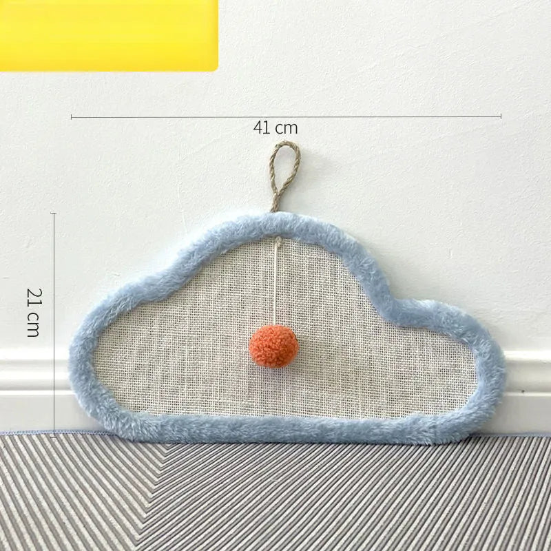 White cat scratching mat with sleeping cat cartoon design made from natural sisal