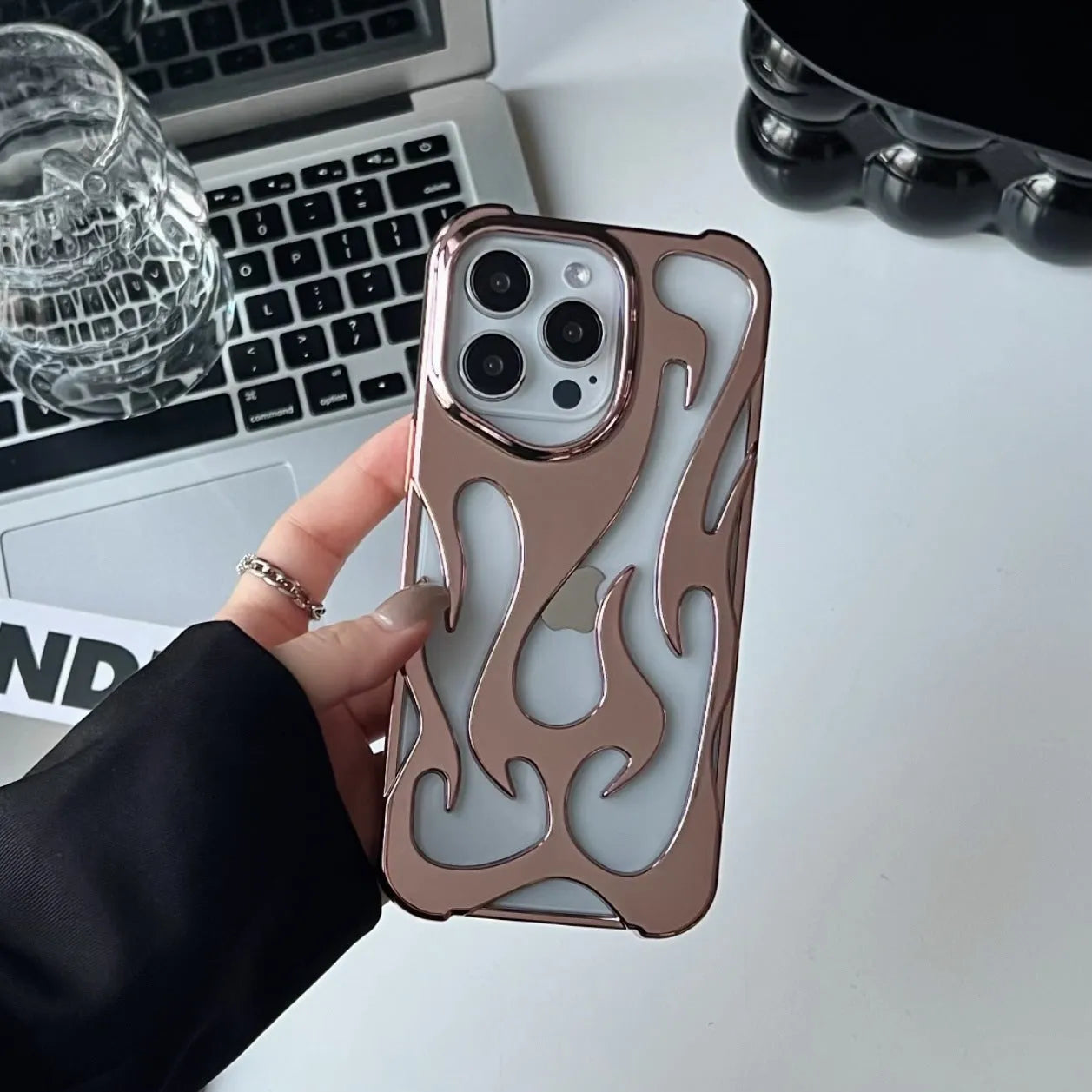 Electroplating hollow flame pattern soft TPU phone case for Apple iPhone in metallic silver finish