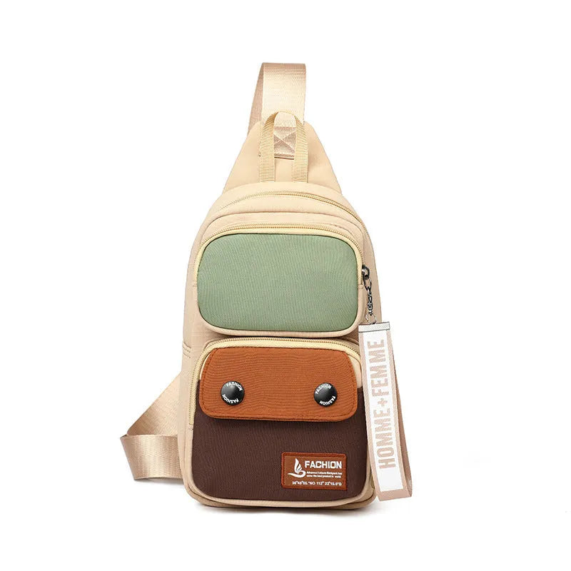 Outdoor nylon crossbody shoulder bag with letter pattern in black, beige contrast, or light brown contrast colour.