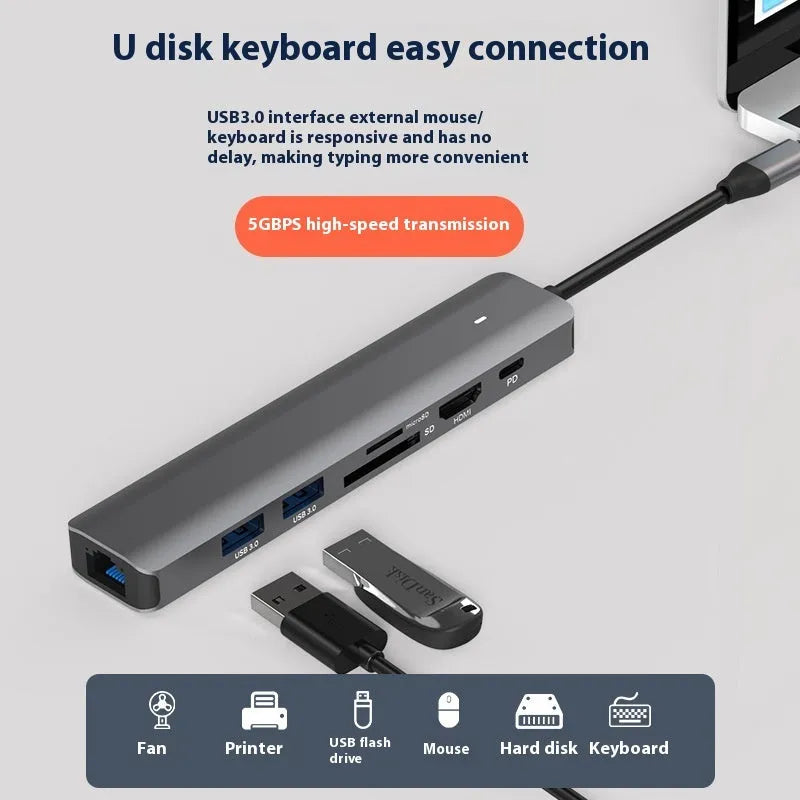 7-in-1 USB-C hub with SD card reader, MicroSD slot, HDMI port, USB 3.0 ports, and PD charging