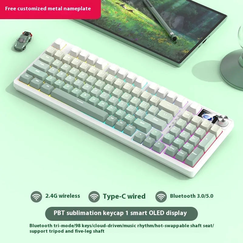 98 key wireless Bluetooth mechanical keyboard kit with metal knob on desk