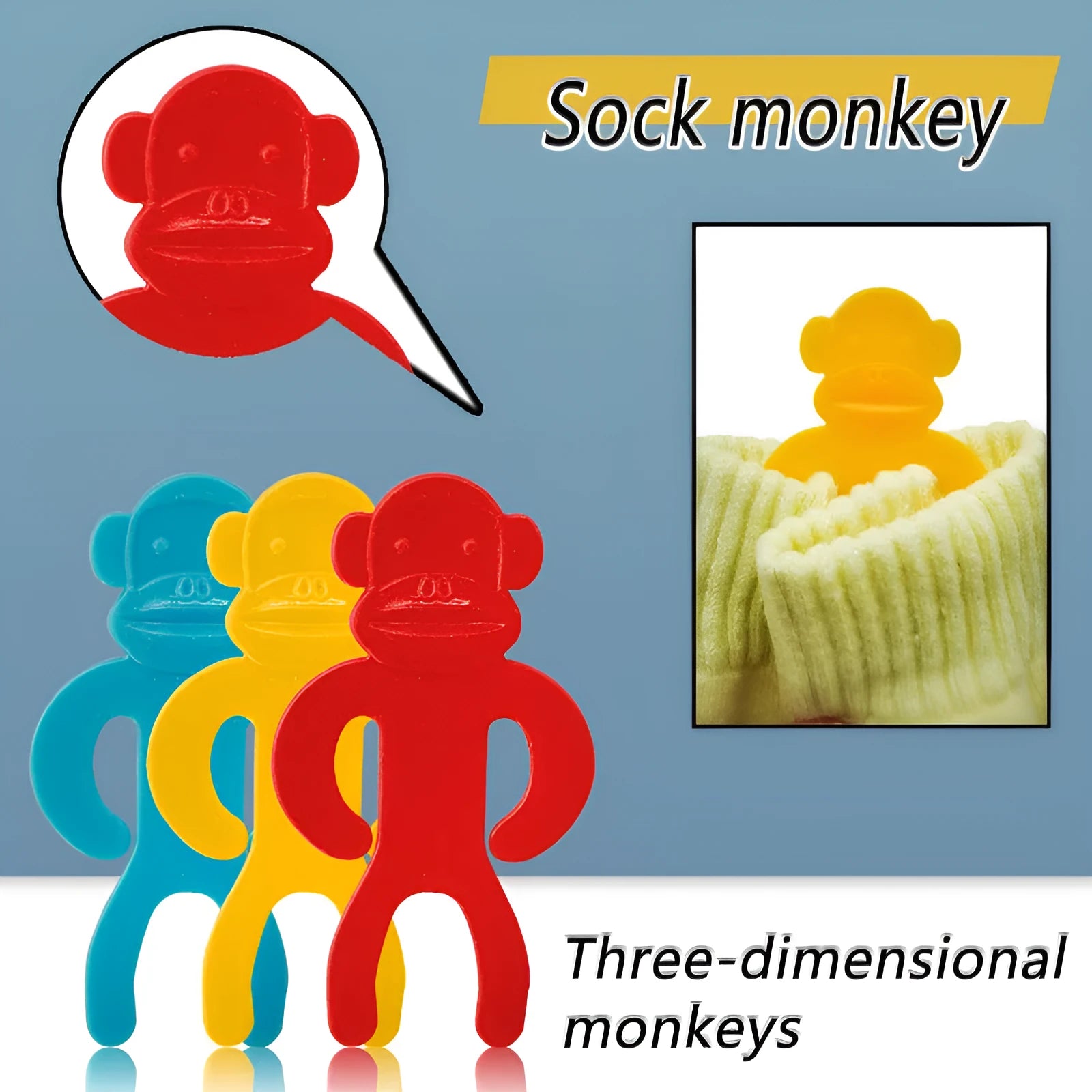 Plastic socks clips in blue, red and yellow colours for laundry organisation