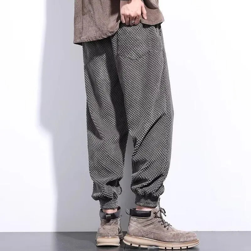 Men's grey ankle tie casual sweatpants with straight leg fit and non-ironing polyester blend fabric