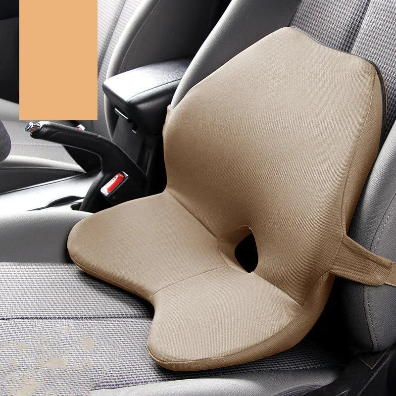 Car waist support pad with memory foam cushioning and adjustable straps shown in beige colour option