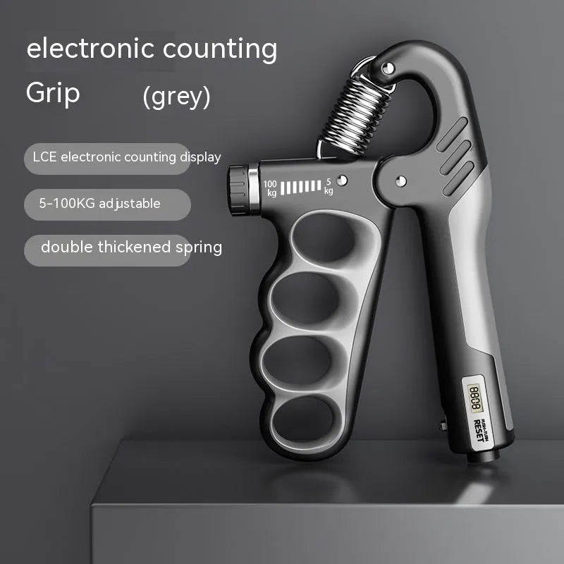 Adjustable electronic count spring grip with orange electronic counter display for hand strength training