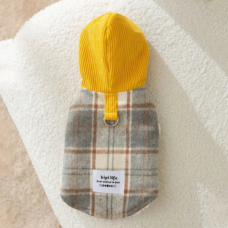 Blue corduroy chessboard grid hooded traction vest for dogs with size labels