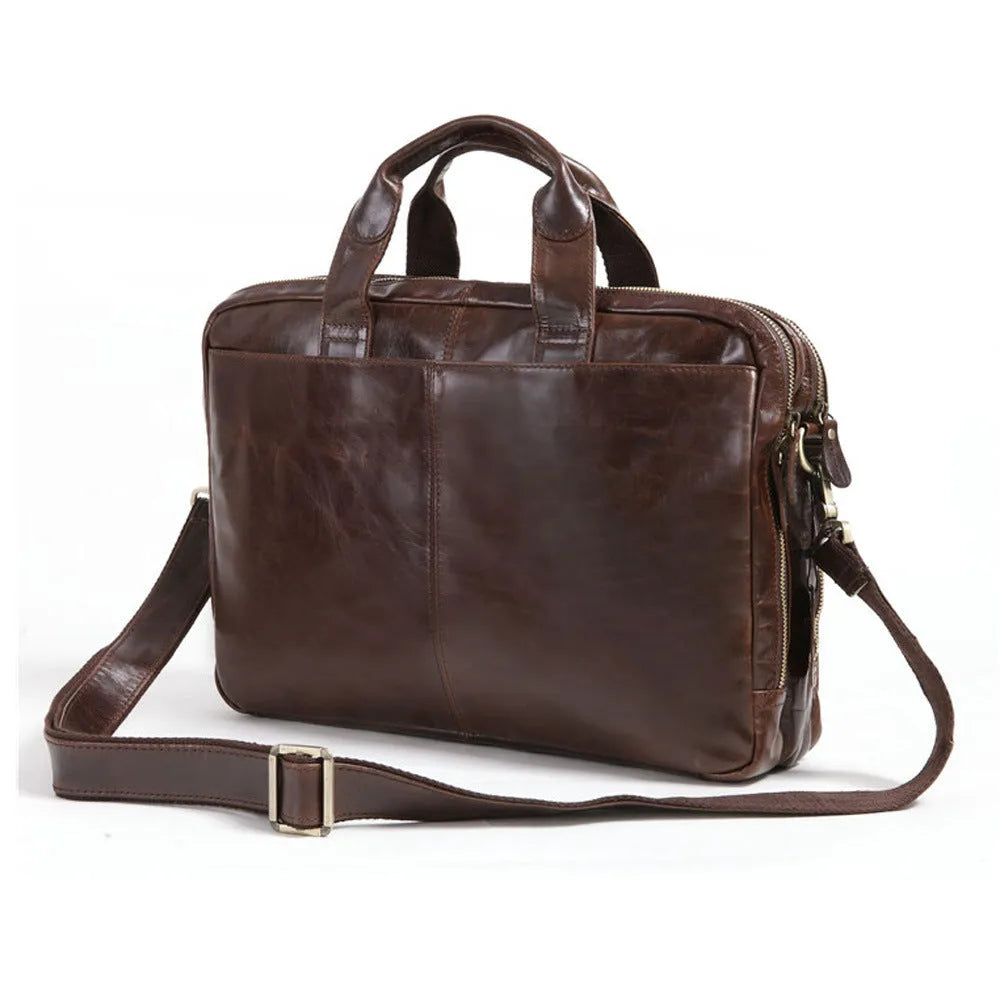 Brown leather business briefcase with 18-inch laptop compartment and professional design