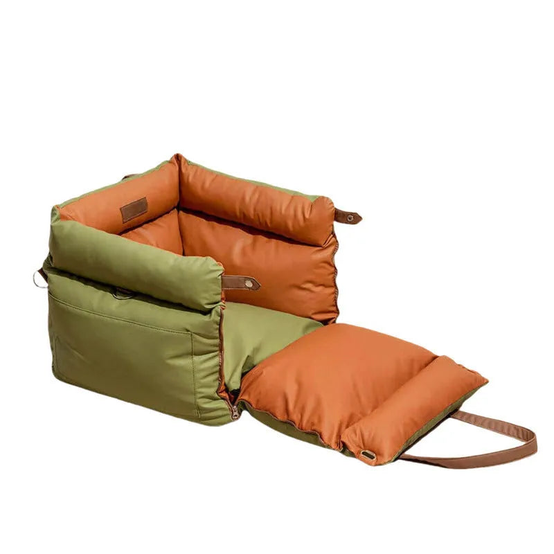 Green waterproof PU faux leather dog car nest with removable cushion, dimensions 55cm by 50cm by 45cm