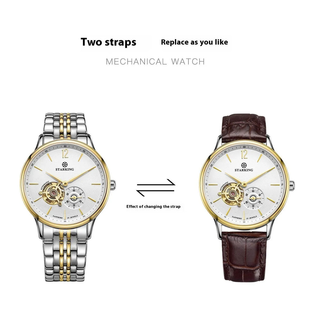 Automatic mechanical men's business watch with hollow three-hand design on brown leather strap