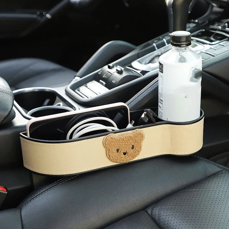 Leather car seat gap storage box with cartoon bear design for organising small vehicle items