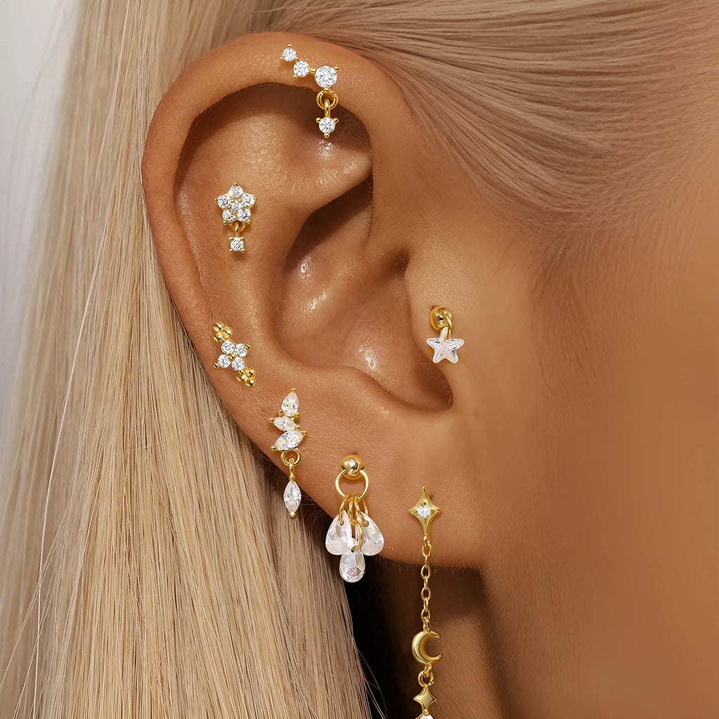 S925 sterling silver geometric star earrings with moon diamond embed in gold colour
