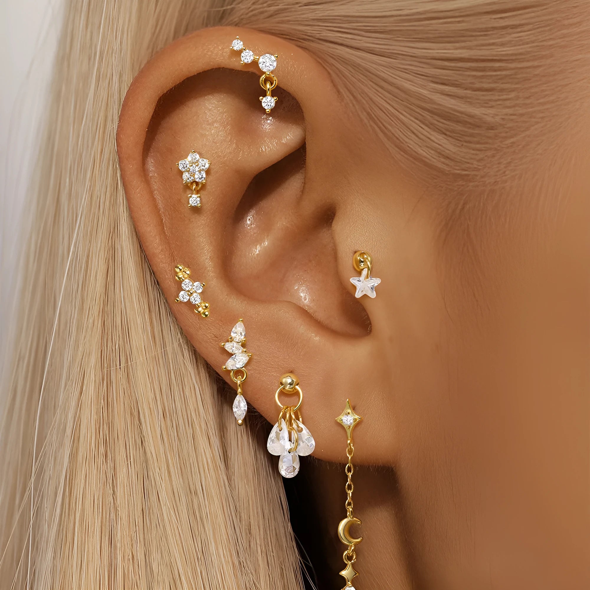S925 sterling silver geometric star earrings with moon diamond embed in gold colour