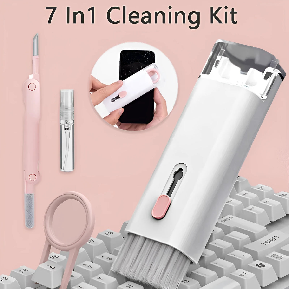 Multifunctional cleaning pen set with keycap puller, screen spray, and retractable brush in ABS, 60x130x15mm