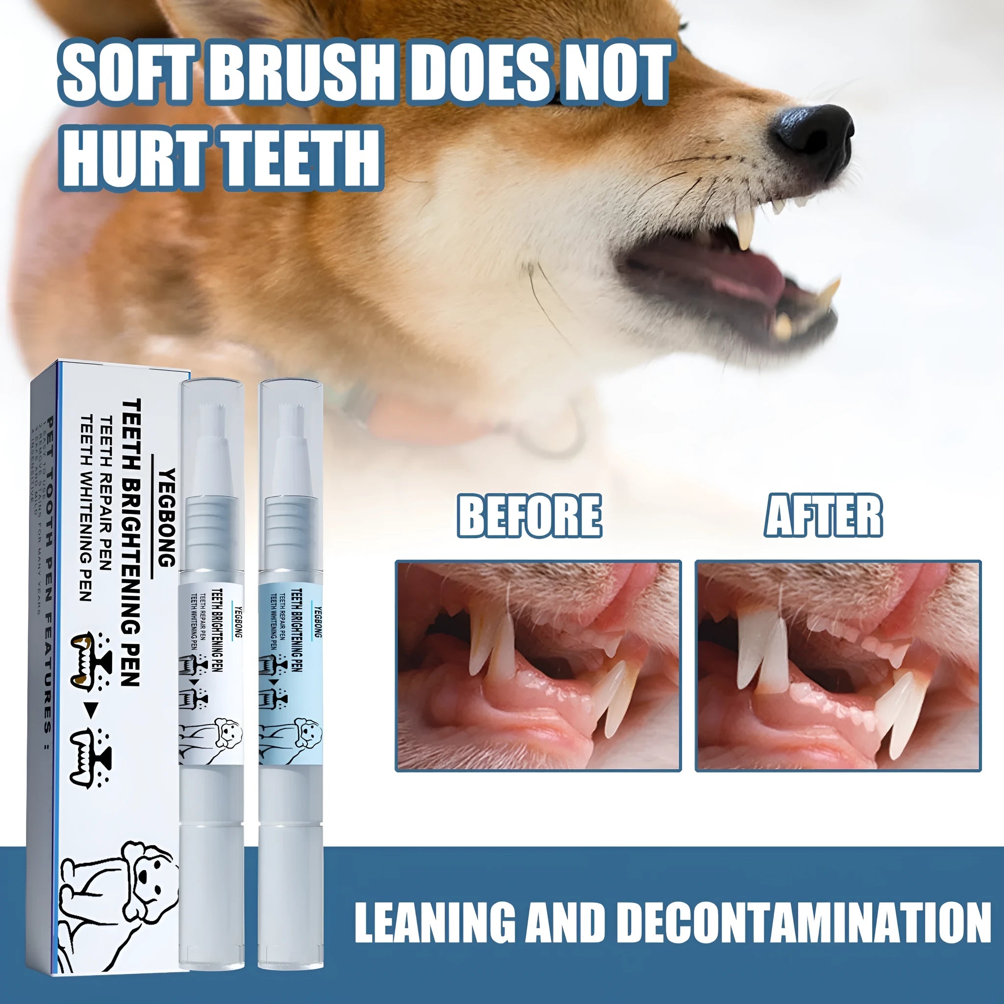 Pet teeth whitening pen and dental brush kit for dog and cat tartar removal.