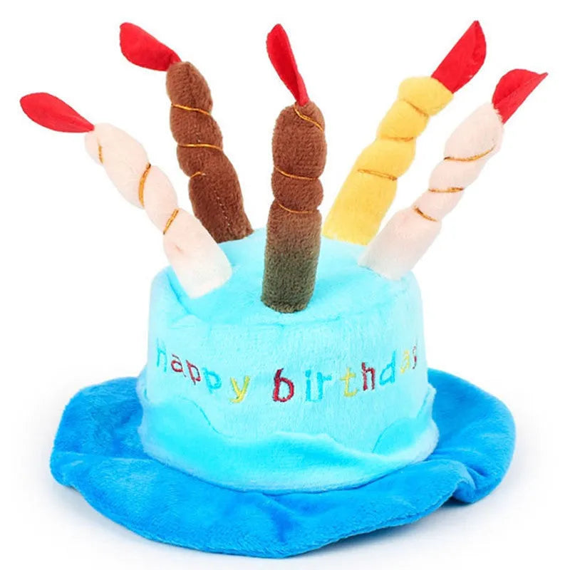 Blue and pink dog birthday hat shown with dimensions 21cm long by 15cm wide