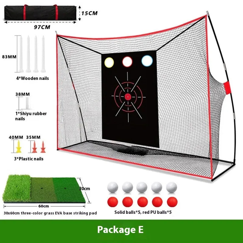 Golf wedge training net with straw mat and practice accessories including limit nails and balls