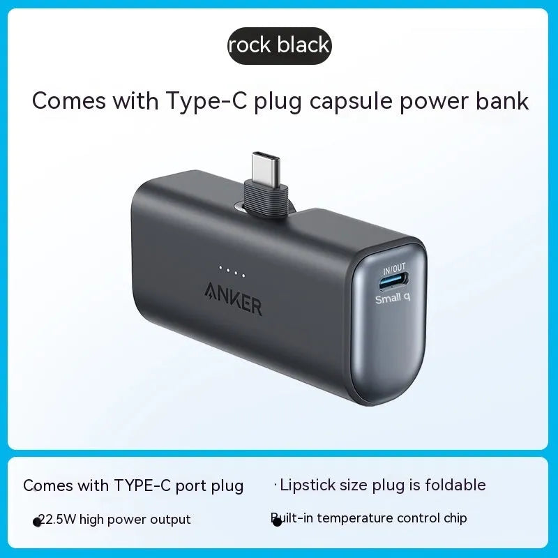 Compact capsule-shaped plastic power bank in five colours showing foldable charging head and Type-C port