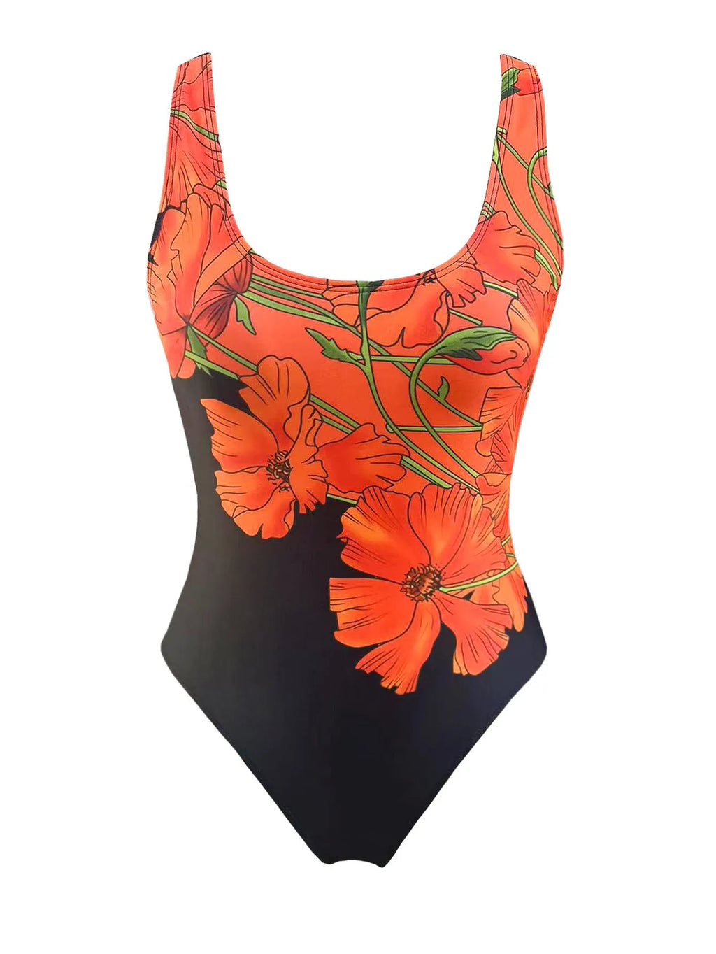 Orange floral print backless one-piece swimsuit on a model, showing slim fit.