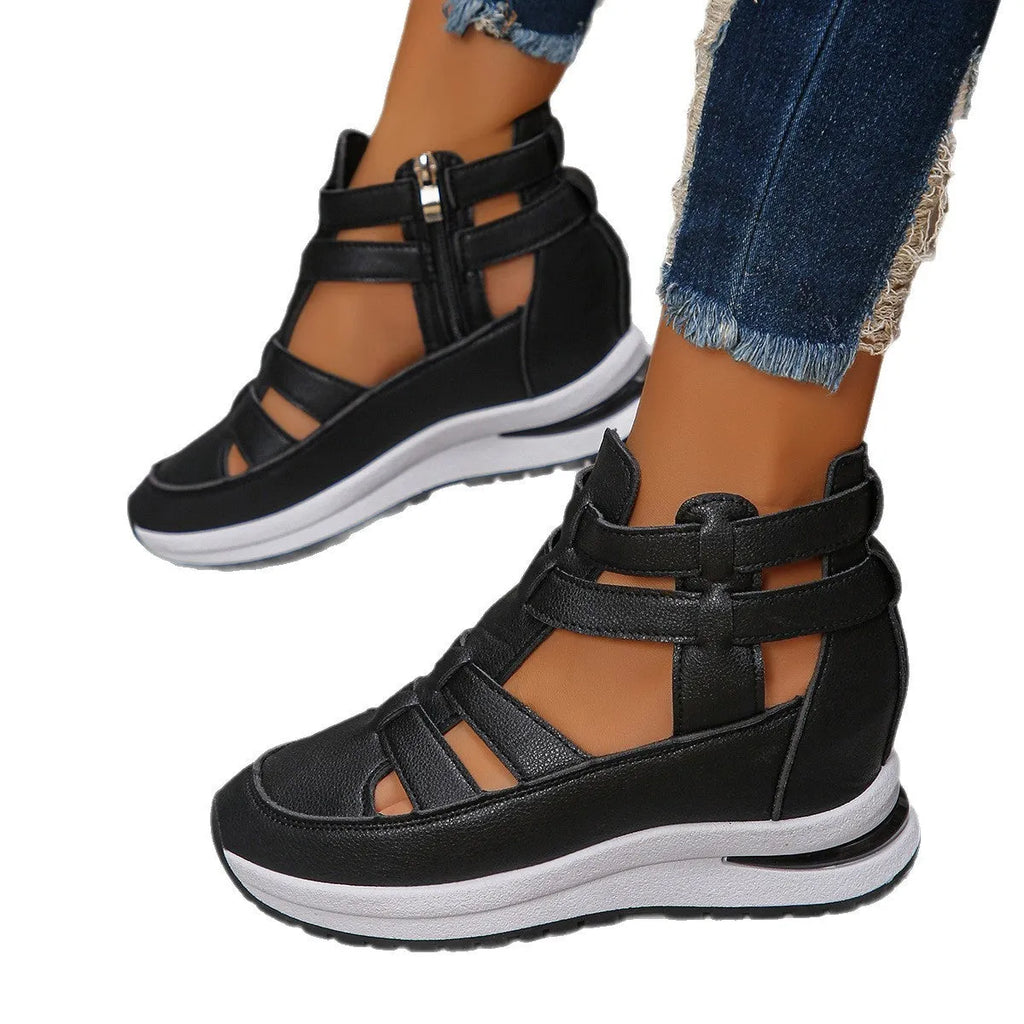 Women's black close-toed hollow-out platform sandals with Velcro strap
