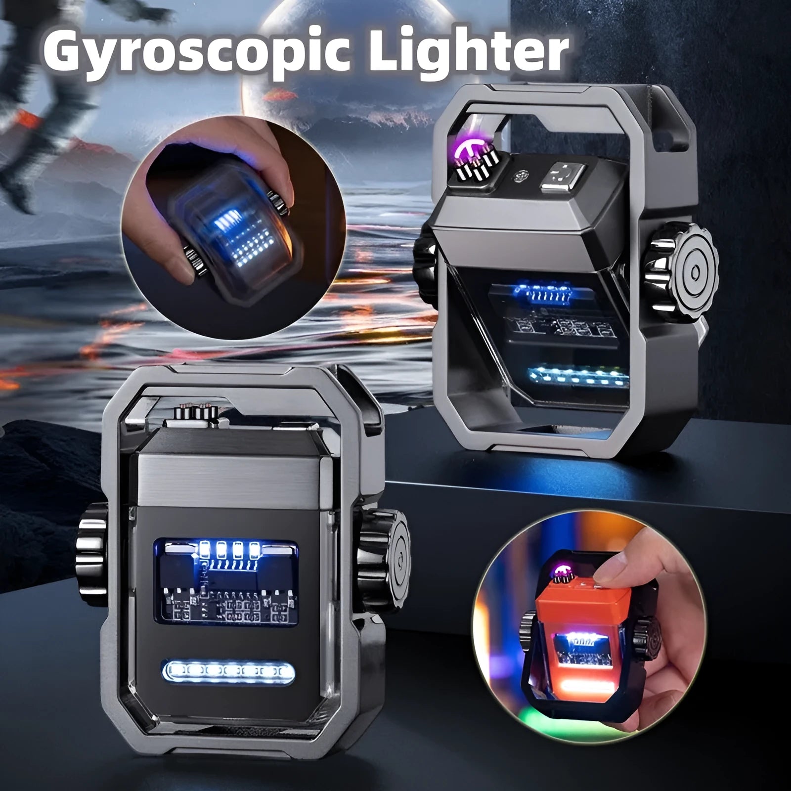 Windproof double arc electric lighter with mechanical gyroscope in zinc alloy construction showing folding design