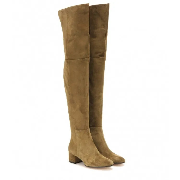 Grey suede women's flat over-the-knee boots with pointed toe and low thick heel