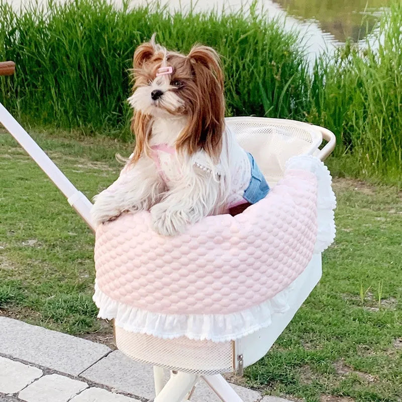 Pet stroller cushion set with cotton towel, pillow and pad in floral pattern
