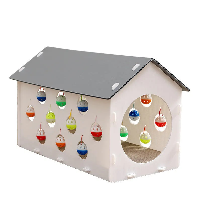 Plastic cat scratch board with integrated tunnel, bell ball toy, and enclosed nest design