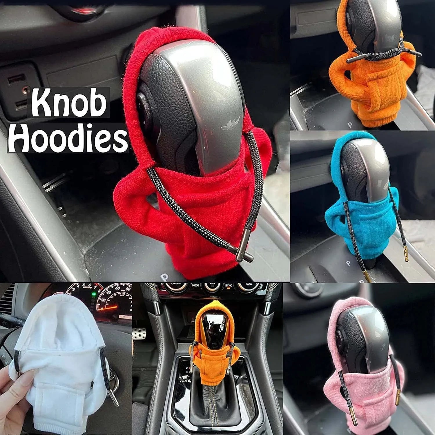 Cloth gear shift knob cover in assorted colours, shown with dimensions of 13 cm by 8 cm.