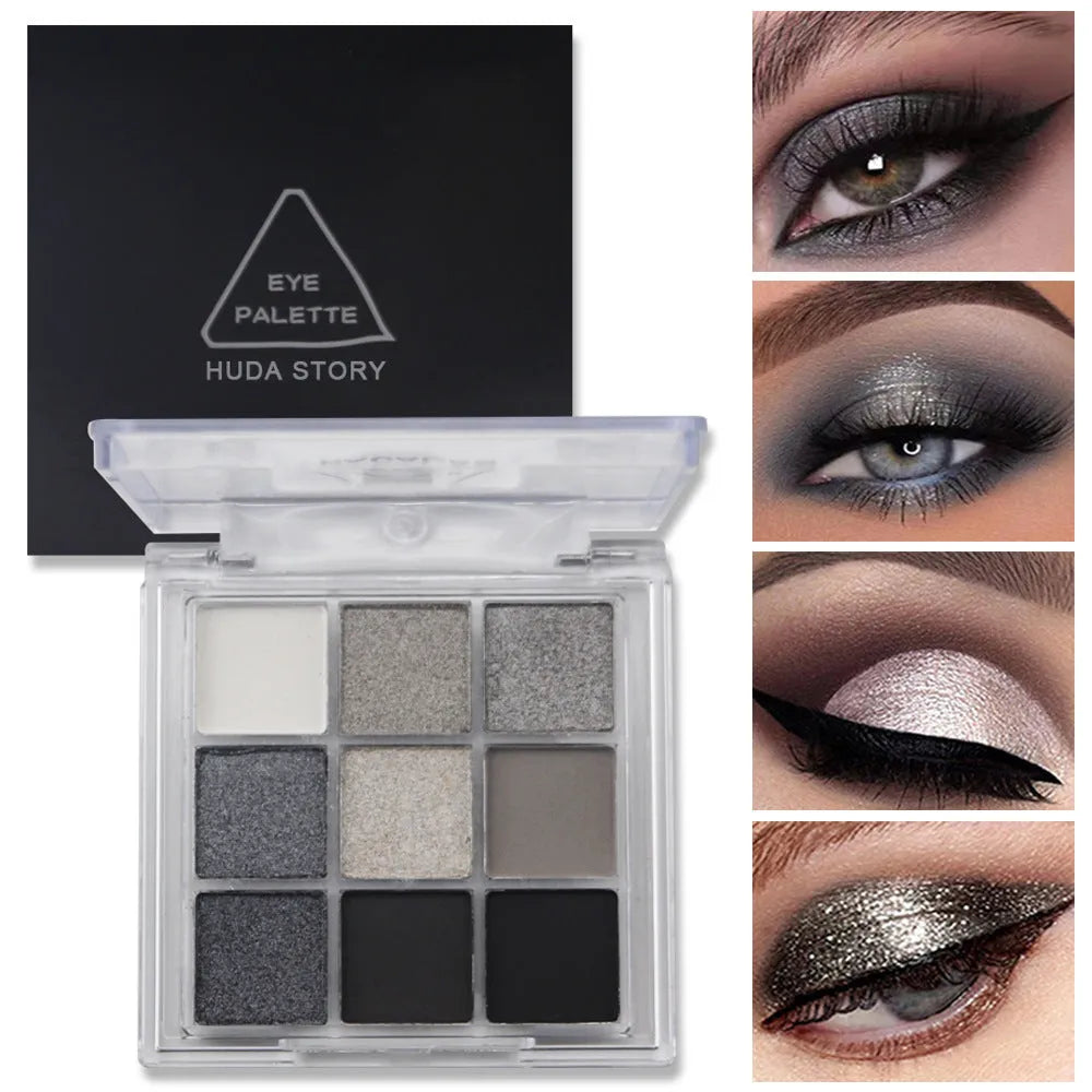 CZ0069 9-colour smoked eyeshadow palette compact showing white, silver, black, and iron grey shades.
