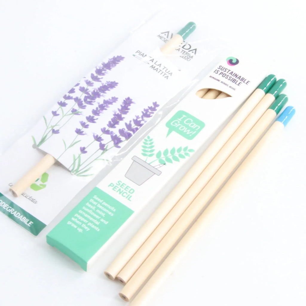 HB seed pencil with biodegradable capsule containing plant seeds in assorted colours