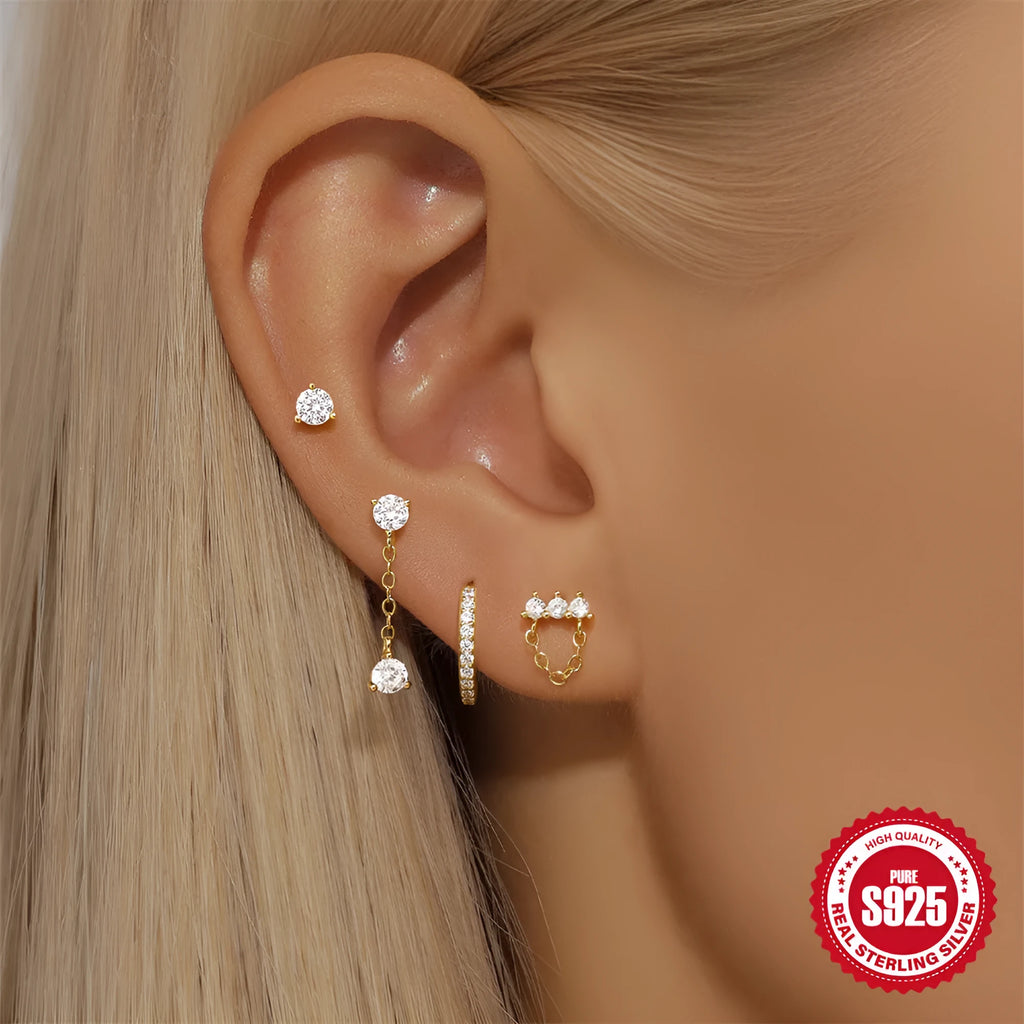 S925 sterling silver clover petal earrings with geometric design and electroplated gold finishes