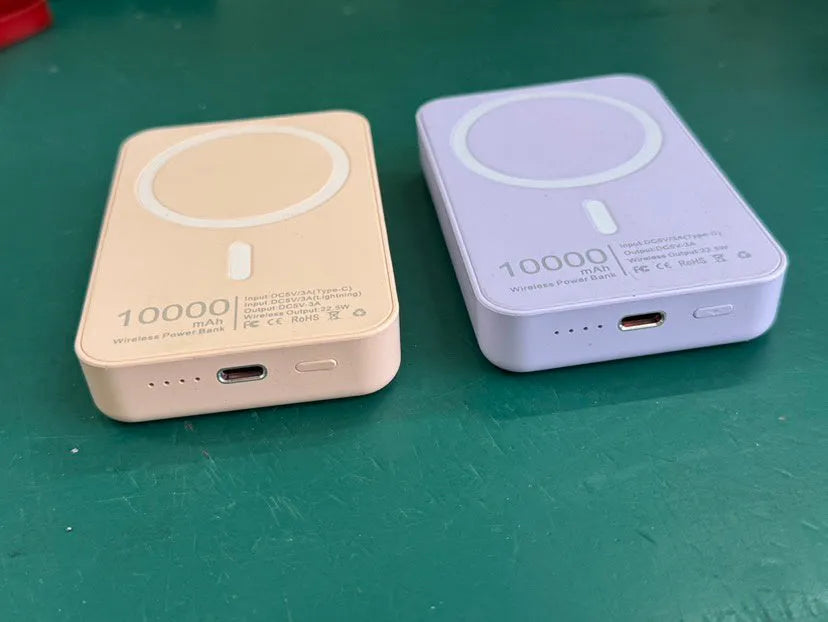 White magnetic wireless charger power bank with 5000mAh capacity showing dimensions