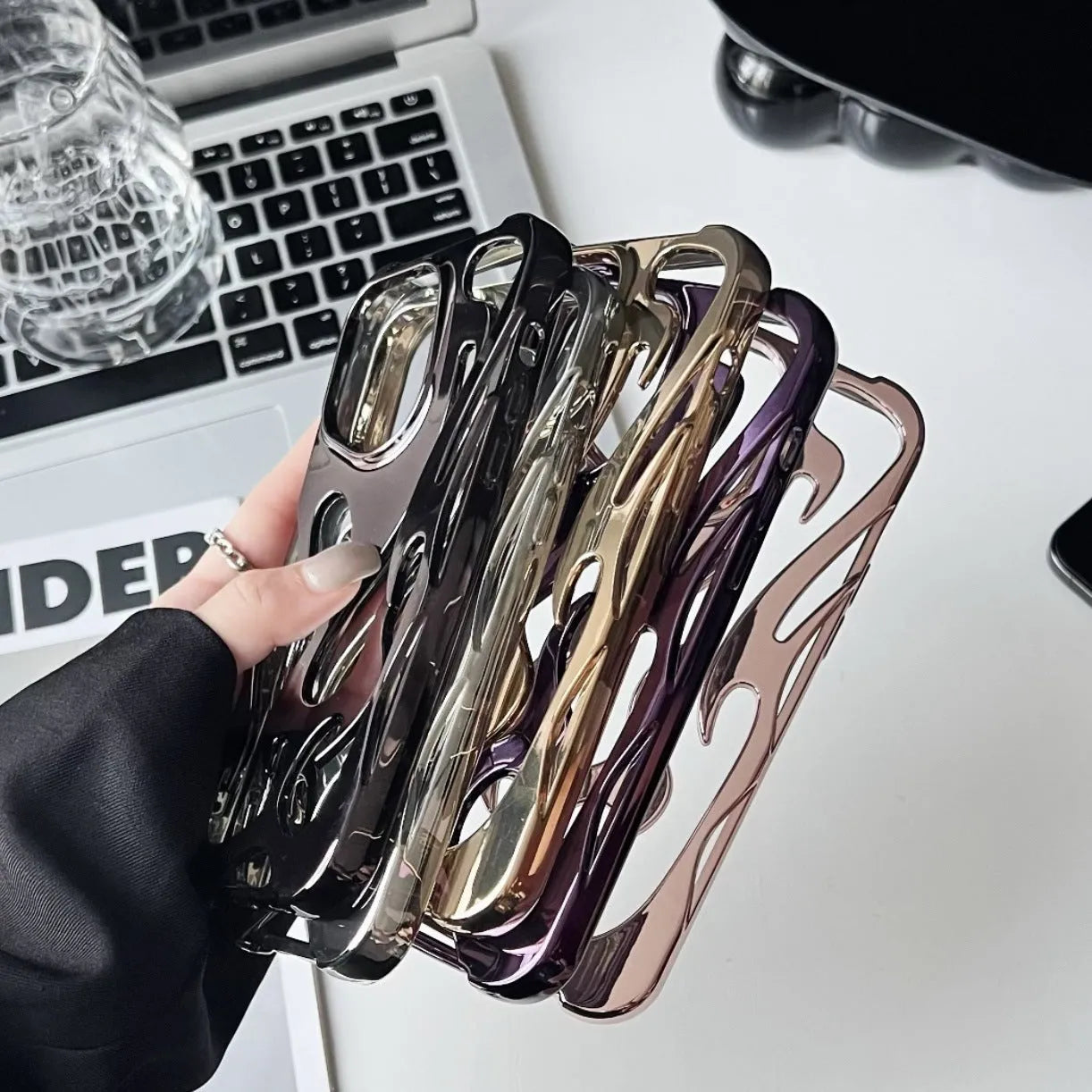 Electroplating hollow flame pattern soft TPU phone case for Apple iPhone in metallic silver finish