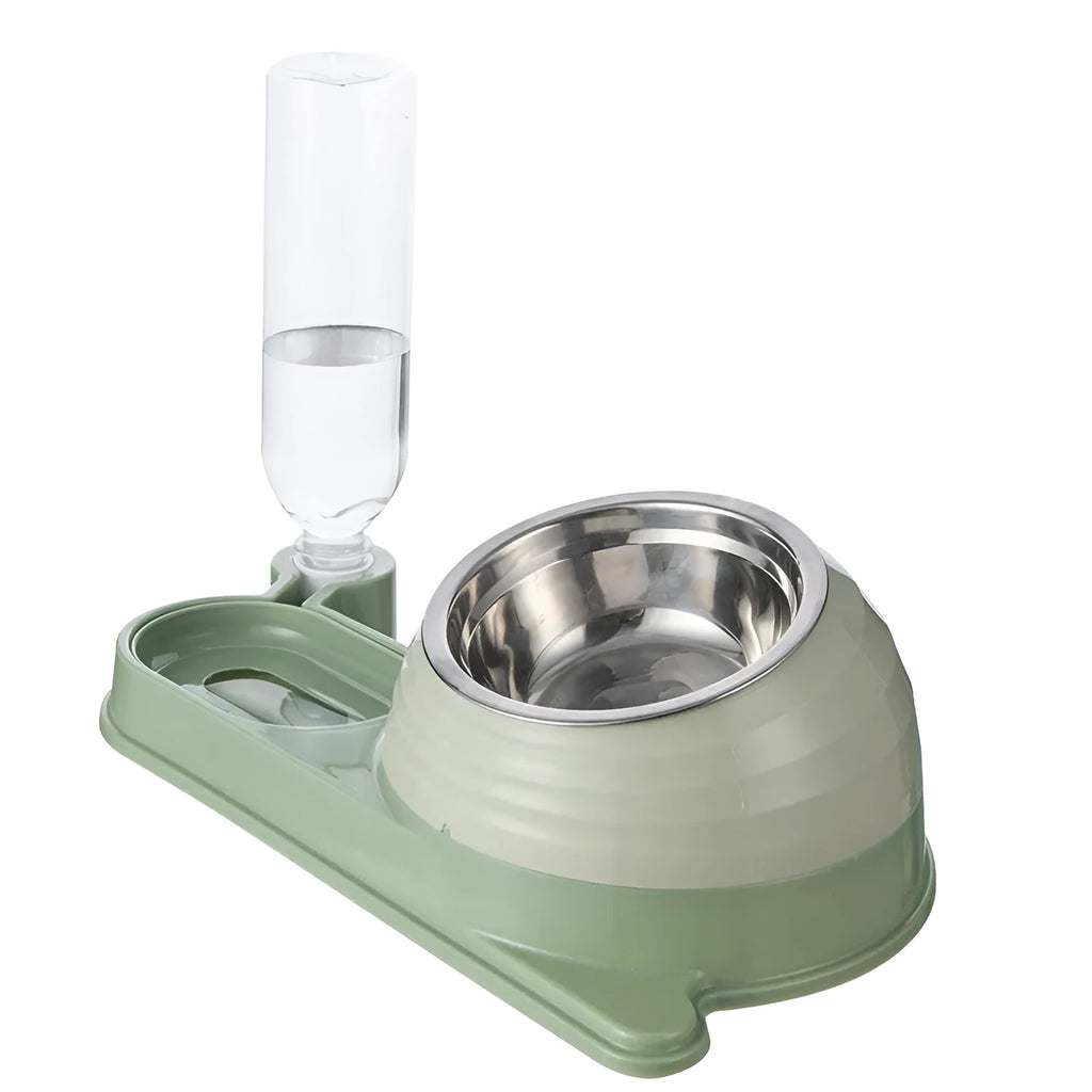 Brown cat food bowl with water dispenser bottle and elevated feeding station