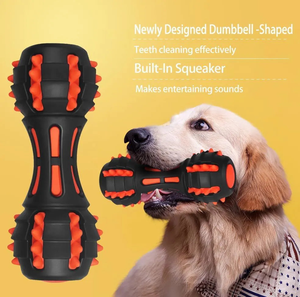 Red dumbbell-shaped rubber dog chew toy with textured surface for dental cleaning