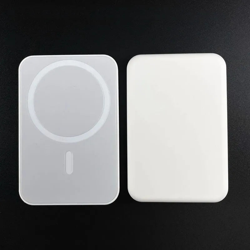 White magnetic wireless charger power bank with 5000mAh capacity showing dimensions